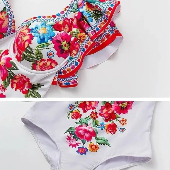 Boho Blanca resort onepiece swimsuit & maxi cover-up skirt white red blue floral - Picture 11 of 16